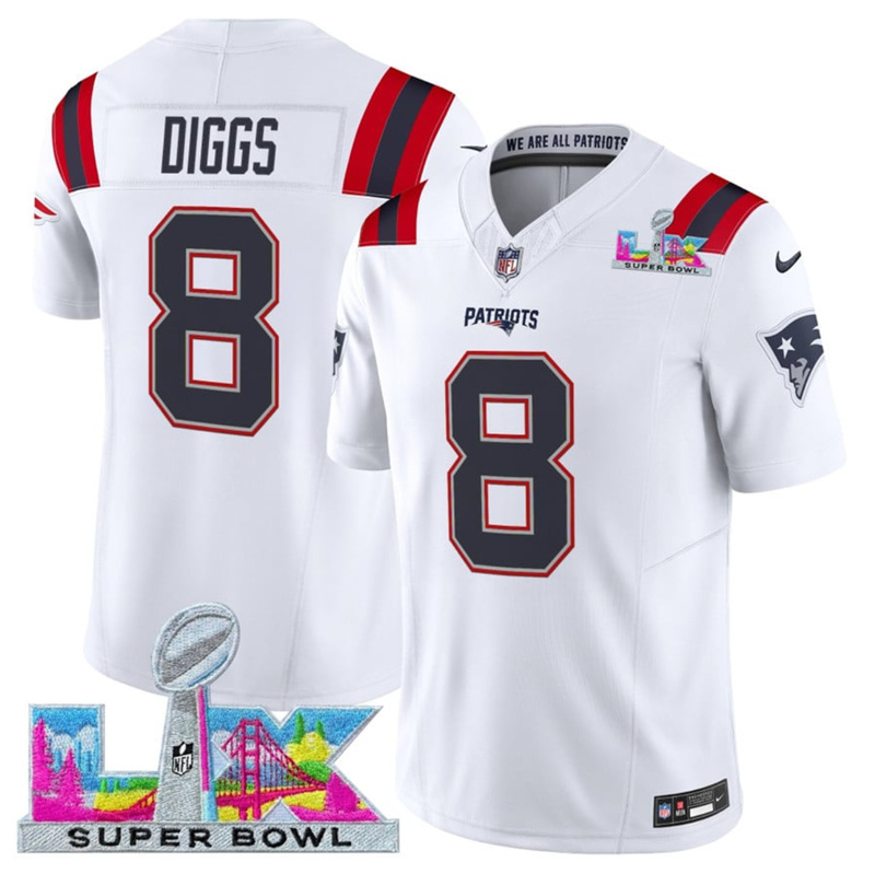 Men's New England Patriots #8 Stefon Diggs White 2025 F.U.S.E. Super Bowl LX Patch Vapor Limited Stitched Football Jersey