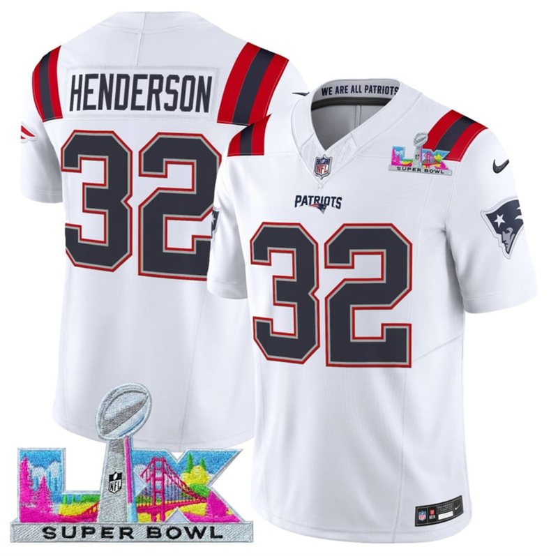 Men's New England Patriots #32 TreVeyon Henderson White 2025 F.U.S.E. Super Bowl LX Patch Vapor Limited Stitched Football Jersey Men's New England Patriots #32 TreVeyon Henderson White 2025 F.U.S.E. Super Bowl LX Patch Vapor Limited Stitched Football Jersey