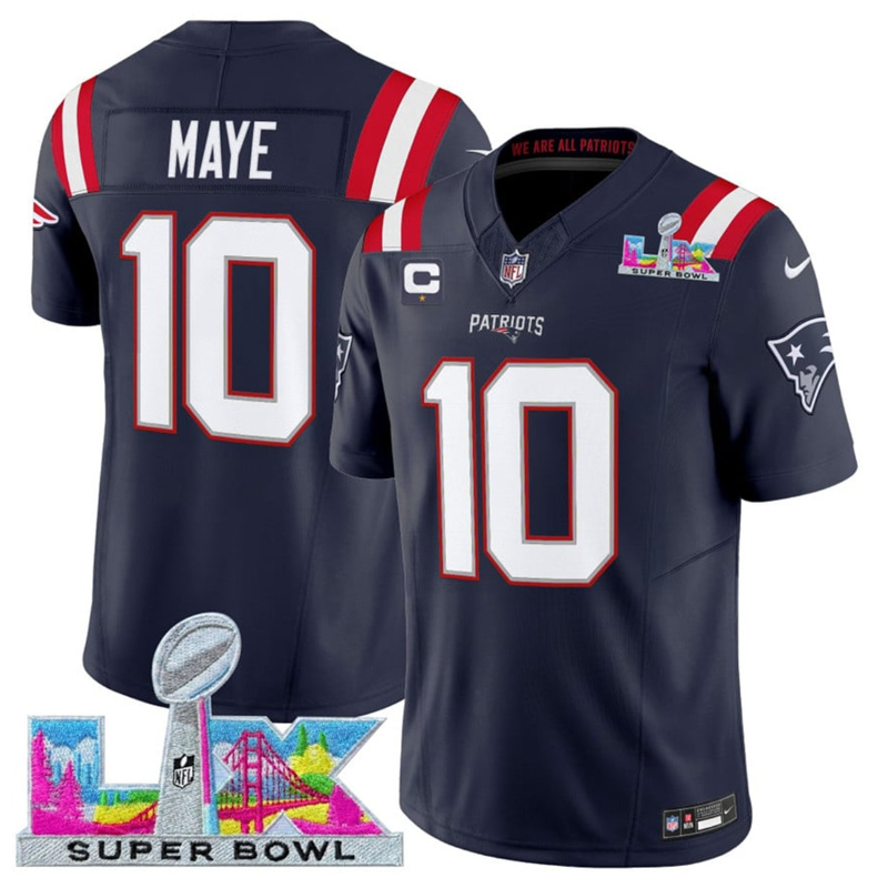 Men's New England Patriots #10 Drake Maye Navy 2025 F.U.S.E. Super Bowl LX Patch Vapor Limited Stitched Football Jersey