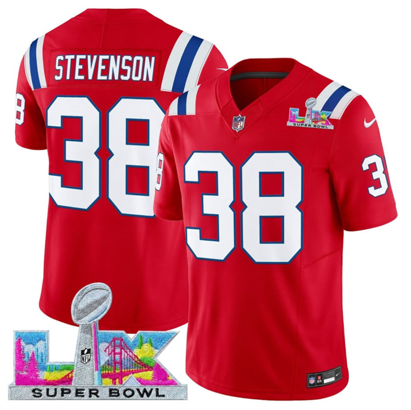 Men's New England Patriots #38 Rhamondre Stevenson Red 2025 F.U.S.E. Super Bowl LX Patch Vapor Limited Stitched Football Jersey Men's New England Patriots #38 Rhamondre Stevenson Red 2025 F.U.S.E. Super Bowl LX Patch Vapor Limited Stitched Football Jersey
