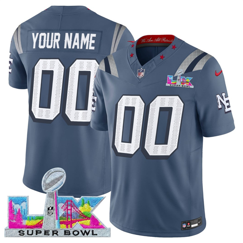 Men's New England Patriots Active Player Custom Storm Blue 2025 F.U.S.E. Super Bowl LX Patch “Rivalries” Vapor Limited Stitched Football Jersey