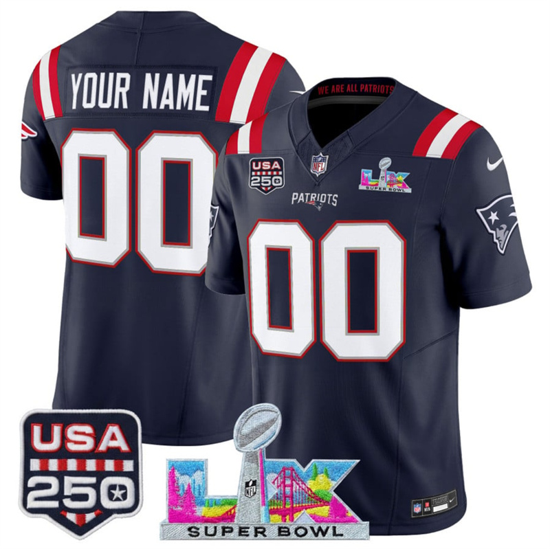 Men's New England Patriots Active Player Custom Navy 2025 F.U.S.E. Super Bowl LX & USA 250' Patch Vapor Limited Football Stitched Jersey Men's New England Patriots Active Player Custom Navy 2025 F.U.S.E. Super Bowl LX & USA 250' Patch Vapor Limited Football Stitched Jersey