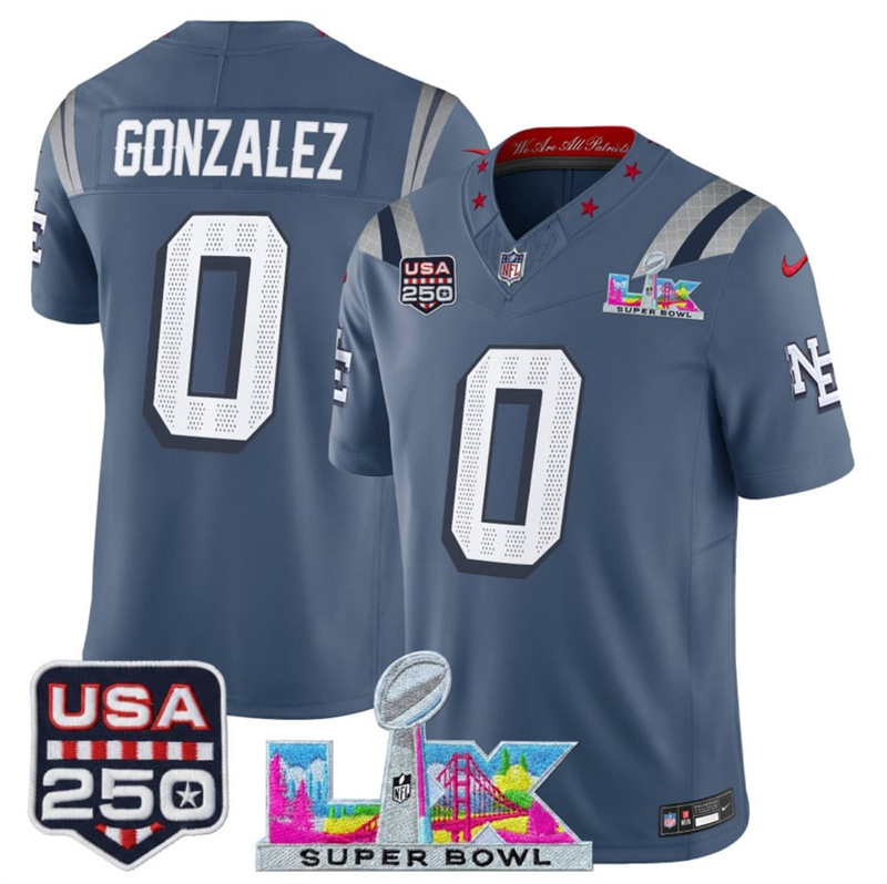 Men's New England Patriots #0 Christian Gonzalez Storm Blue 2025 F.U.S.E. Super Bowl LX & USA 250' Patch “Rivalries” Vapor Limited Football Stitched Jersey Men's New England Patriots #0 Christian Gonzalez Storm Blue 2025 F.U.S.E. Super Bowl LX & USA 250' Patch “Rivalries” Vapor Limited Football Stitched Jersey