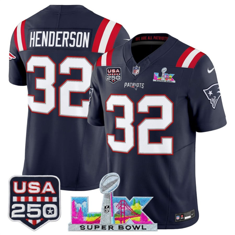 Men's New England Patriots #32 TreVeyon Henderson Navy 2025 F.U.S.E. Super Bowl LX Patch And USA 250' Patch Vapor Limited Football Stitched Jersey Men's New England Patriots #32 TreVeyon Henderson Navy 2025 F.U.S.E. Super Bowl LX Patch And USA 250' Patch Vapor Limited Football Stitched Jersey