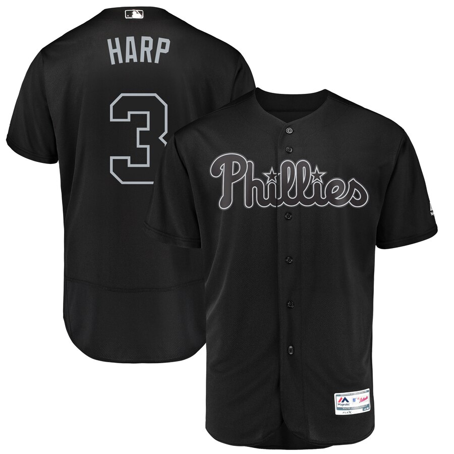 Philadelphia Phillies #3 Bryce Harper Harp Majestic 2019 Players' Weekend Flex Base Authentic Player Jersey Black Philadelphia Phillies #3 Bryce Harper Harp Majestic 2019 Players' Weekend Flex Base Authentic Player Jersey Black
