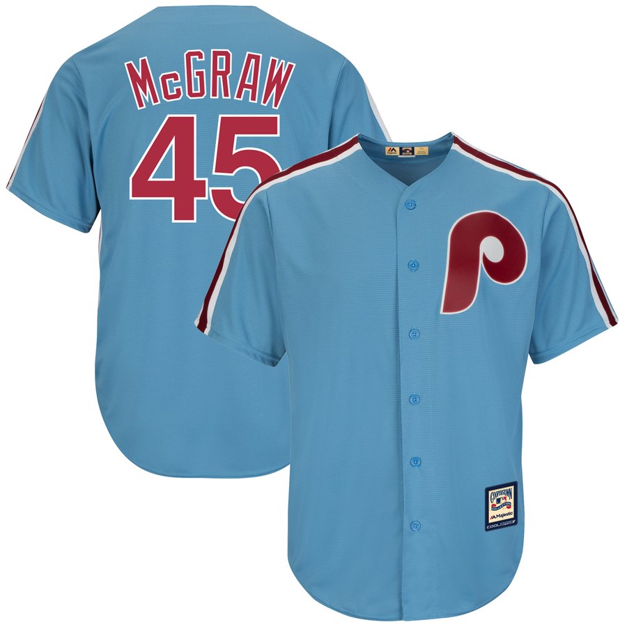 Philadelphia Phillies #45 Tug McGraw Majestic Cooperstown Collection Cool Base Player Jersey Light Blue Philadelphia Phillies #45 Tug McGraw Majestic Cooperstown Collection Cool Base Player Jersey Light Blue