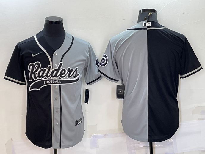 Men's Las Vegas Raiders Blank Custom Black/Grey Split With Patch Cool Base Stitched Baseball Jersey Men's Las Vegas Raiders Blank Custom Black/Grey Split With Patch Cool Base Stitched Baseball Jersey