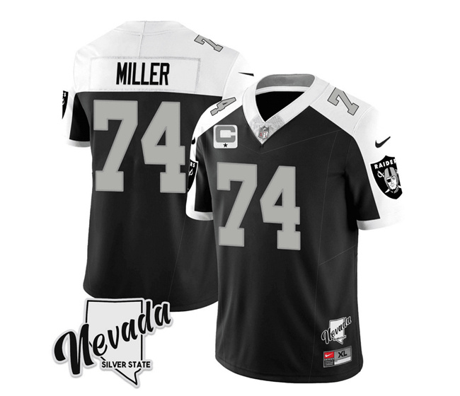 Men's Las Vegas Raiders #74 Kolton Miller Black/White 2023 F.U.S.E Nevada Silver Stat With 1-Star C patch Stitched Football Jersey Men's Las Vegas Raiders #74 Kolton Miller Black/White 2023 F.U.S.E Nevada Silver Stat With 1-Star C patch Stitched Football Jersey