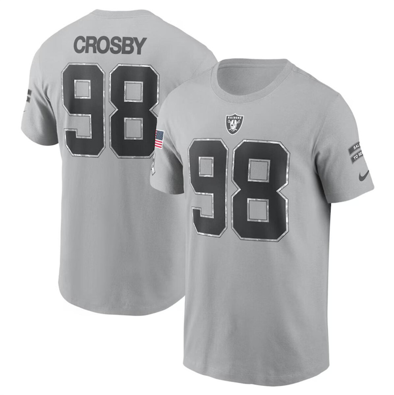 Men's Las Vegas Raiders #98 Maxx Crosby 2024 Gray Salute To Service Name & Number T-Shirt Men's Las Vegas Raiders #98 Maxx Crosby 2024 Gray Salute To Service Name & Number T-Shirt