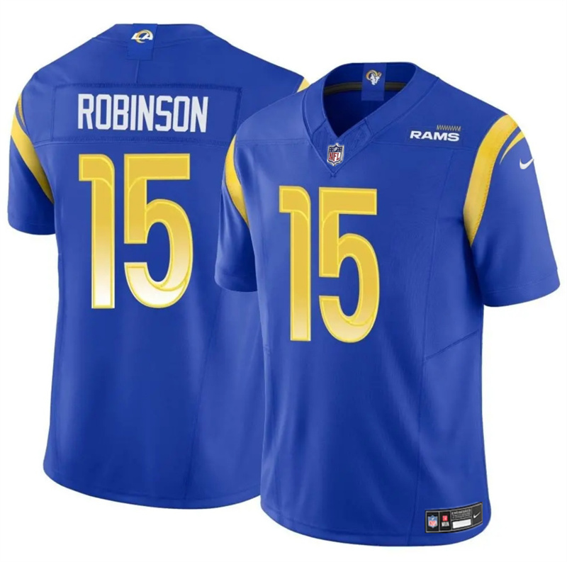 Men's Los Angeles Rams #15 Demarcus Robinson Blue 2024 F.U.S.E. Vapor Untouchable Stitched Football Jersey Men's Los Angeles Rams #15 Demarcus Robinson Blue 2024 F.U.S.E. Vapor Untouchable Stitched Football Jersey