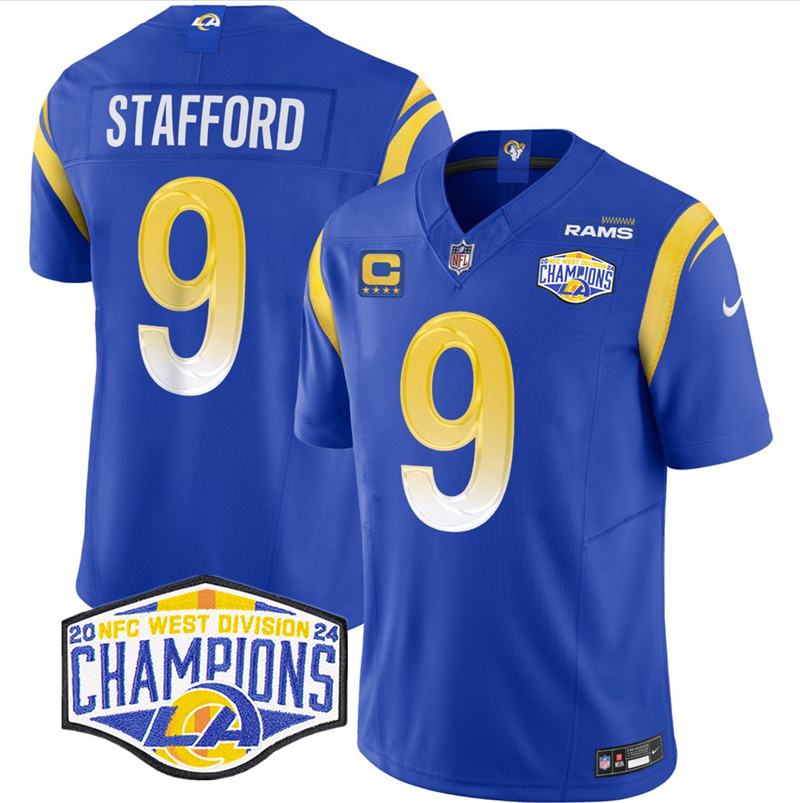 Men's Los Angeles Rams #9 Matthew Stafford Blue 2024 NFC West Champions With 4-Star C Patch F.U.S.E. Vapor Untouchable Stitched Football Jersey Men's Los Angeles Rams #9 Matthew Stafford Blue 2024 NFC West Champions With 4-Star C Patch F.U.S.E. Vapor Untouchable Stitched Football Jersey