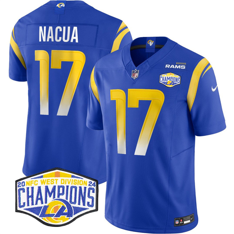 Men's Los Angeles Rams #17 Puka Nacua Blue 2024 NFC West Champions F.U.S.E. Vapor Untouchable Stitched Football Jersey Men's Los Angeles Rams #17 Puka Nacua Blue 2024 NFC West Champions F.U.S.E. Vapor Untouchable Stitched Football Jersey