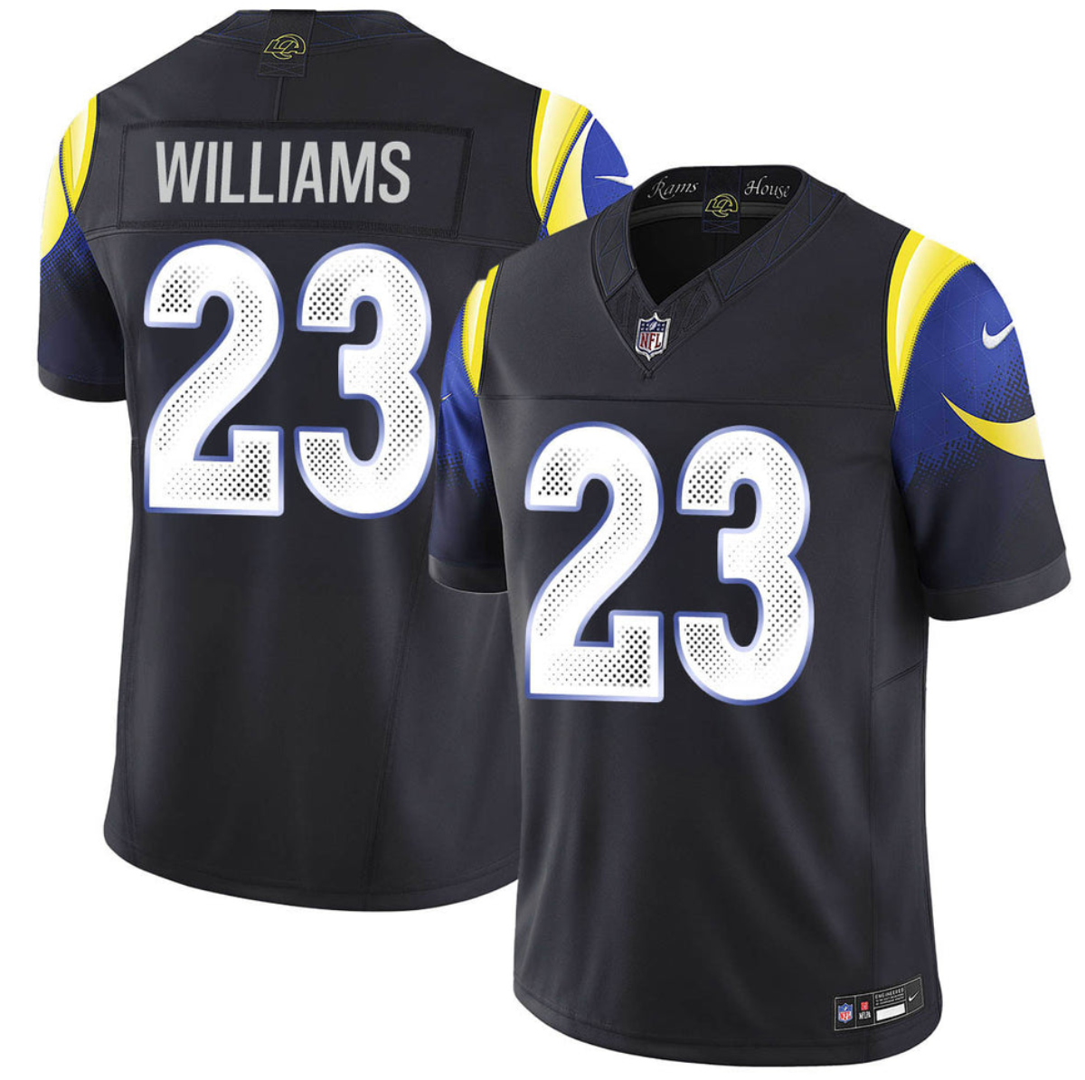 Men's Los Angeles Rams #23 Kyren Williams Black 2025 F.U.S.E. “Rivalries” Vapor Limited Stitched Football Jersey Men's Los Angeles Rams #23 Kyren Williams Black 2025 F.U.S.E. “Rivalries” Vapor Limited Stitched Football Jersey