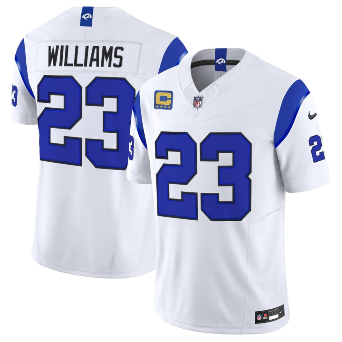 Men's Los Angeles Rams #23 Kyren Williams White Fearsome 2026 F.U.S.E. 4-Star C Patch Vapor Limited Stitched Football Jersey Men's Los Angeles Rams #23 Kyren Williams White Fearsome 2026 F.U.S.E. 4-Star C Patch Vapor Limited Stitched Football Jersey