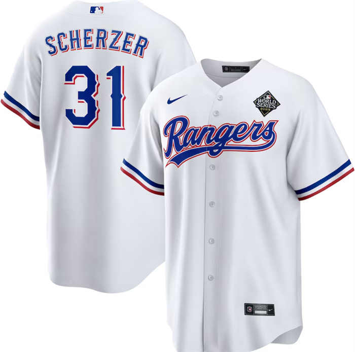 Men's Texas Rangers #31 Max Scherzer 2023 White World Series Stitched Baseball Jersey Men's Texas Rangers #31 Max Scherzer 2023 White World Series Stitched Baseball Jersey