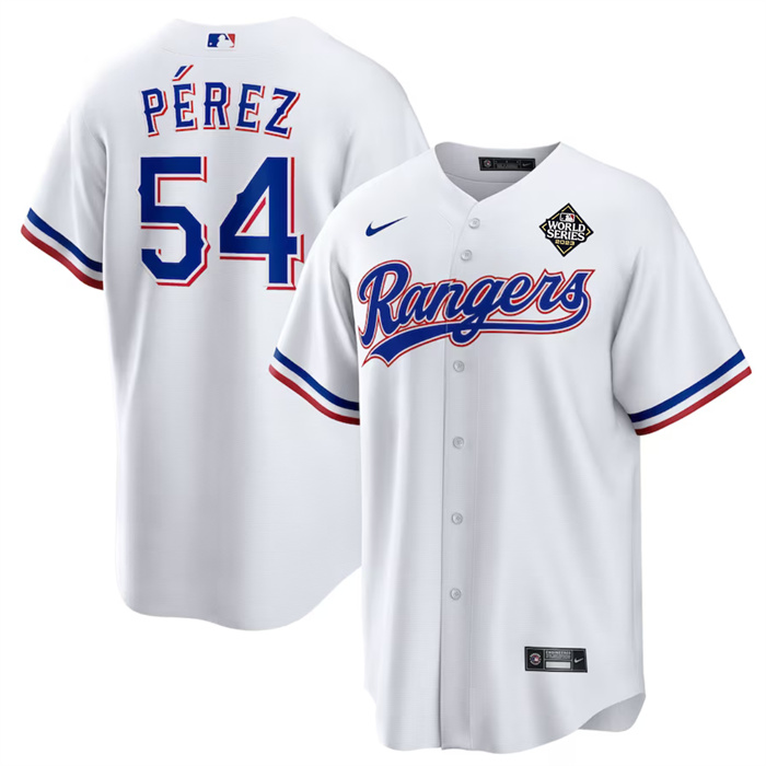 Men's Texas Rangers #54 Martín Pérez White 2023 World Series Stitched Baseball Jersey Men's Texas Rangers #54 Martín Pérez White 2023 World Series Stitched Baseball Jersey