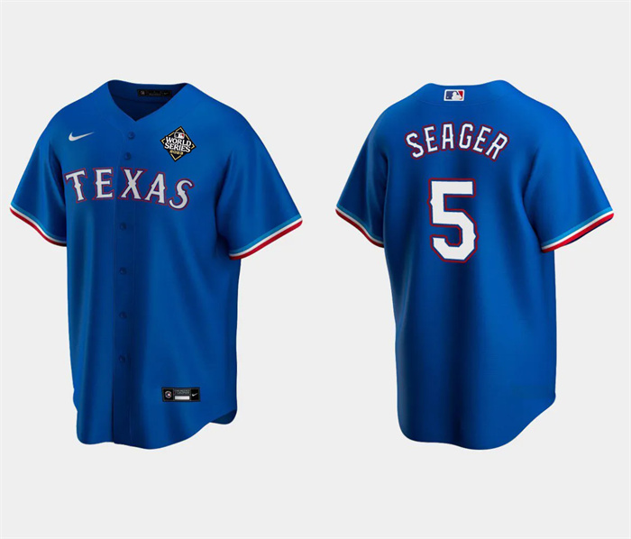 Men's Texas Rangers #5 Corey Seager Royal 2023 World Series Stitched Baseball Jersey