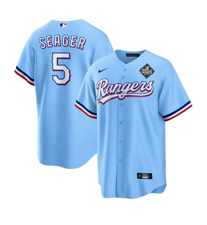 Men's Texas Rangers #5 Corey Seager Blue 2023 World Series Stitched Baseball Jersey Men's Texas Rangers #5 Corey Seager Blue 2023 World Series Stitched Baseball Jersey