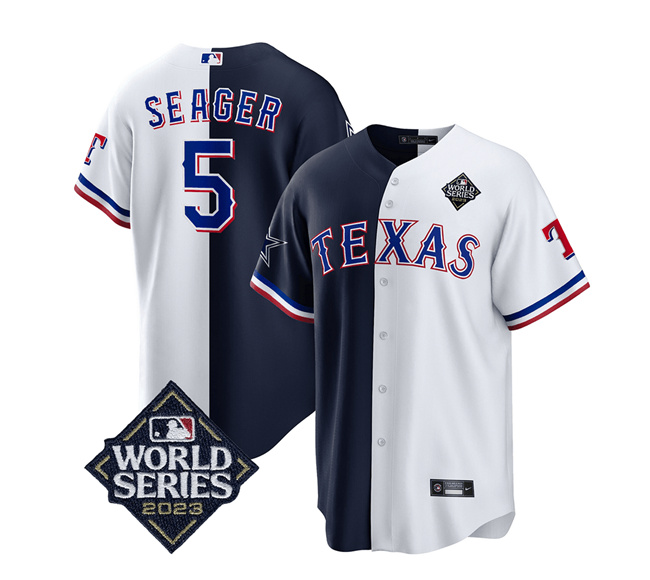 Men's Texas Rangers & Cowboys #5 Corey Seager Navy/White 2023 World Series Splite Stitched Baseball Jersey Men's Texas Rangers & Cowboys #5 Corey Seager Navy/White 2023 World Series Splite Stitched Baseball Jersey
