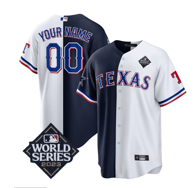 Men's Texas Rangers & Cowboys Active Player Custom Navy/White Splite 2023 World Series Splite Stitched Baseball Jersey Men's Texas Rangers & Cowboys Active Player Custom Navy/White Splite 2023 World Series Splite Stitched Baseball Jersey