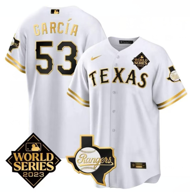 Men's Texas Rangers & Cowboys #53 Adolis García White 2023 World Series Splite Stitched Baseball Jersey Men's Texas Rangers & Cowboys #53 Adolis García White 2023 World Series Splite Stitched Baseball Jersey