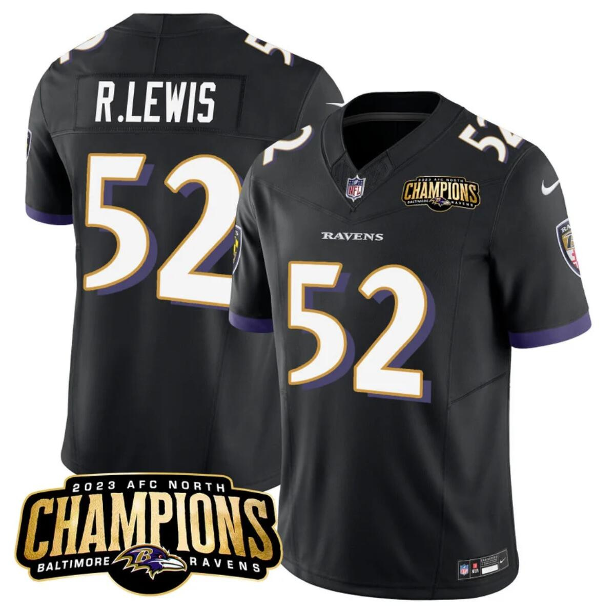 Men's Baltimore Ravens #52 Ray Lewis Black 2023 F.U.S.E. AFC North Champions Vapor Limited Football Jersey Men's Baltimore Ravens #52 Ray Lewis Black 2023 F.U.S.E. AFC North Champions Vapor Limited Football Jersey
