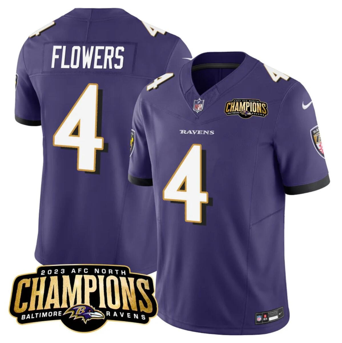 Men's Baltimore Ravens #4 Zay Flowers Purple 2023 F.U.S.E. AFC North Champions Vapor Limited Football Jersey Men's Baltimore Ravens #4 Zay Flowers Purple 2023 F.U.S.E. AFC North Champions Vapor Limited Football Jersey