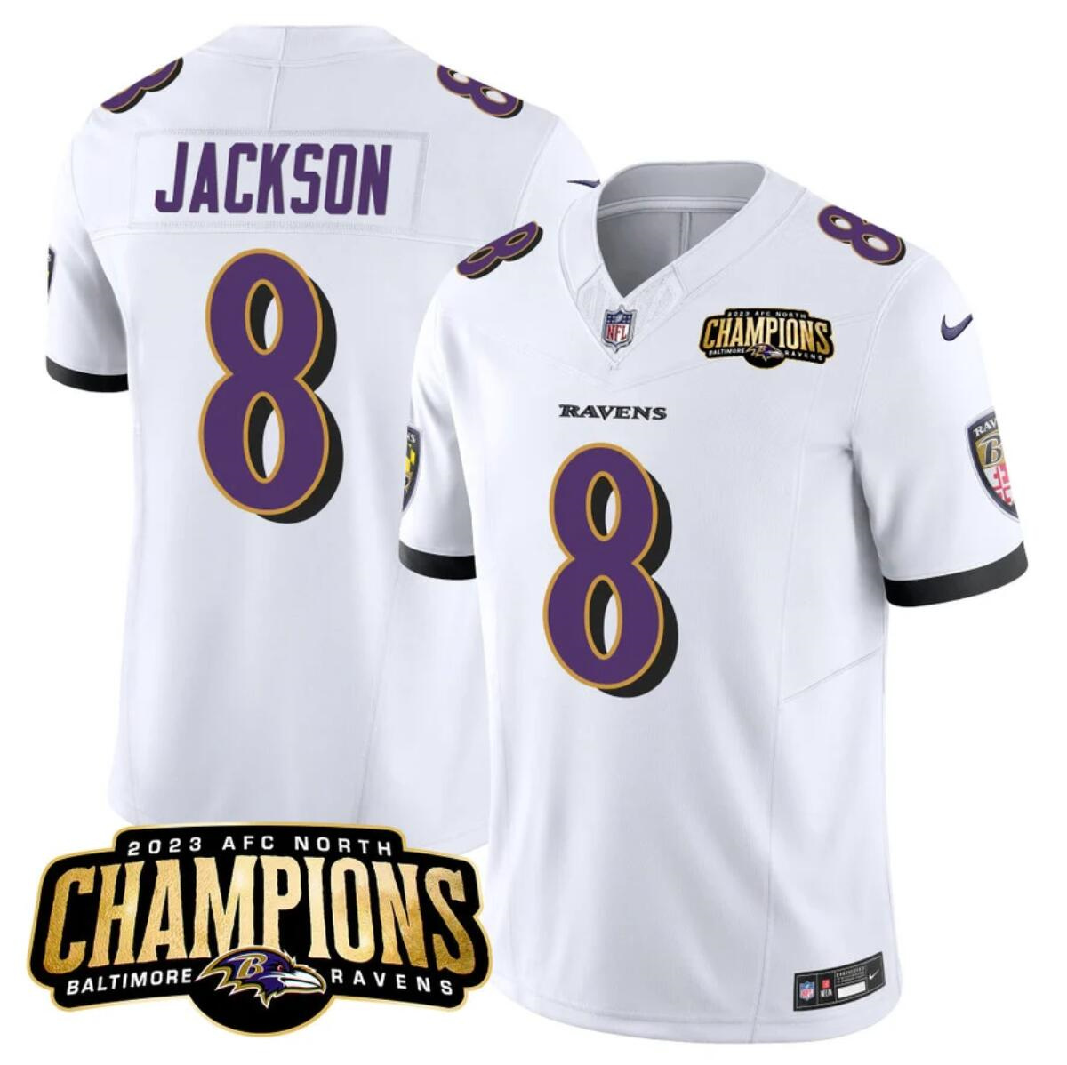 Men's Baltimore Ravens #8 Lamar Jackson White 2023 F.U.S.E. AFC North Champions Vapor Limited Football Jersey Men's Baltimore Ravens #8 Lamar Jackson White 2023 F.U.S.E. AFC North Champions Vapor Limited Football Jersey