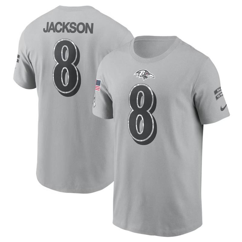 Men's Baltimore Ravens #8 Lamar Jackson 2024 Gray Salute To Service Name & Number T-Shirt Men's Baltimore Ravens #8 Lamar Jackson 2024 Gray Salute To Service Name & Number T-Shirt