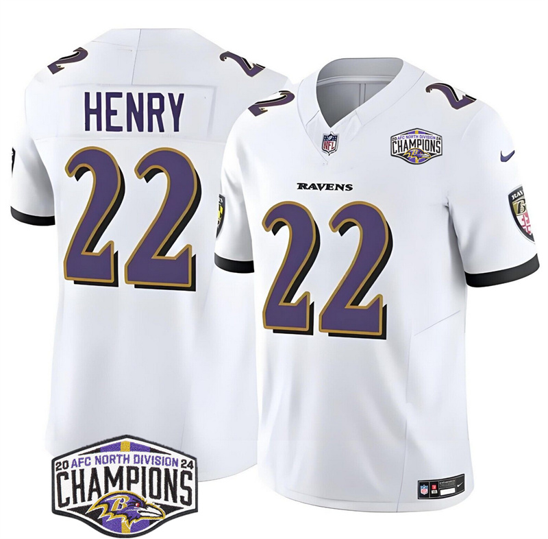 Men's Baltimore Ravens #22 Derrick Henry White F.U.S.E 2024 AFC North Division Champions Vapor Limited Football Jersey Men's Baltimore Ravens #22 Derrick Henry White F.U.S.E 2024 AFC North Division Champions Vapor Limited Football Jersey
