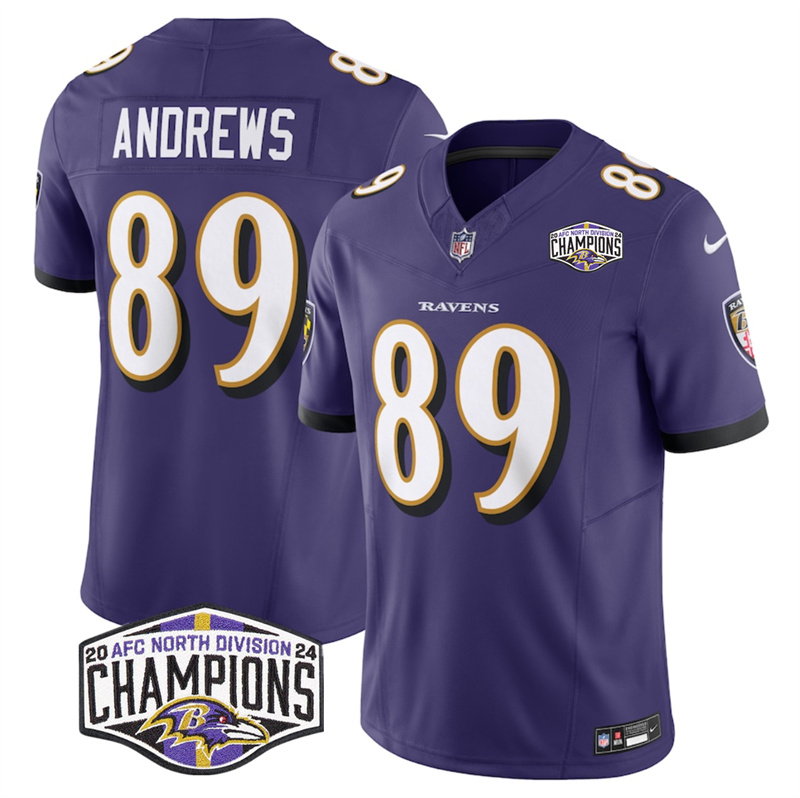 Men's Baltimore Ravens #89 Mark Andrews Purple F.U.S.E 2024 AFC North Division Champions Vapor Limited Football Jersey Men's Baltimore Ravens #89 Mark Andrews Purple F.U.S.E 2024 AFC North Division Champions Vapor Limited Football Jersey