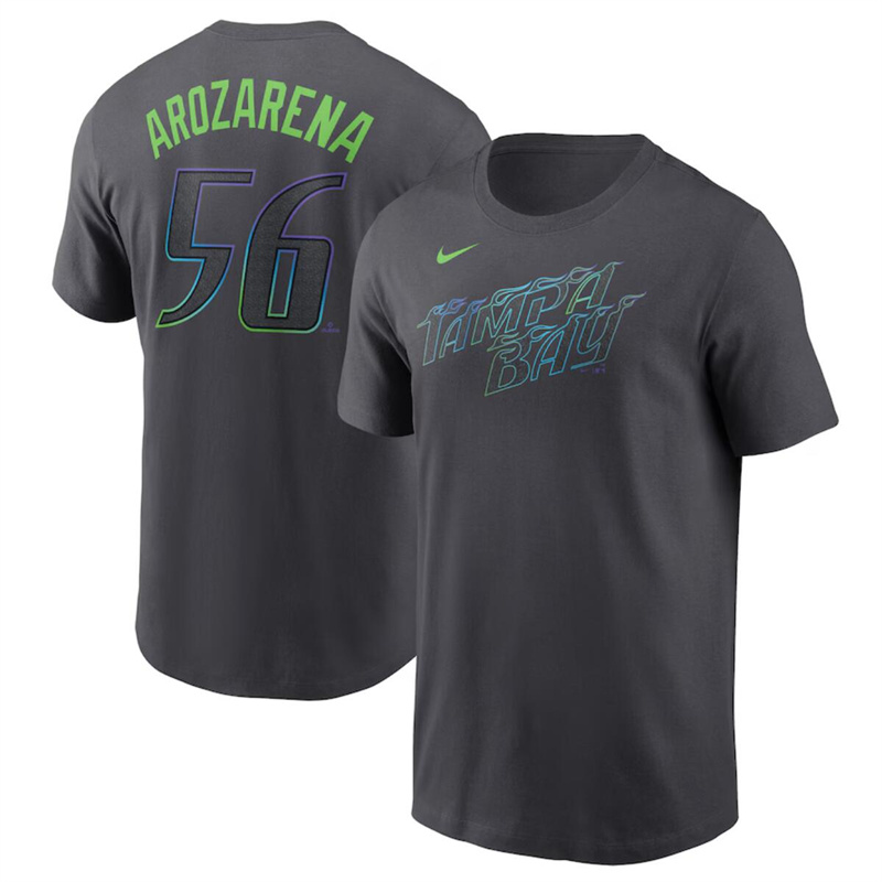 Men's Tampa Bay Rays #56 Randy Arozarena Charcoal 2024 City Connect Fuse Name & Number T-Shirt Men's Tampa Bay Rays #56 Randy Arozarena Charcoal 2024 City Connect Fuse Name & Number T-Shirt