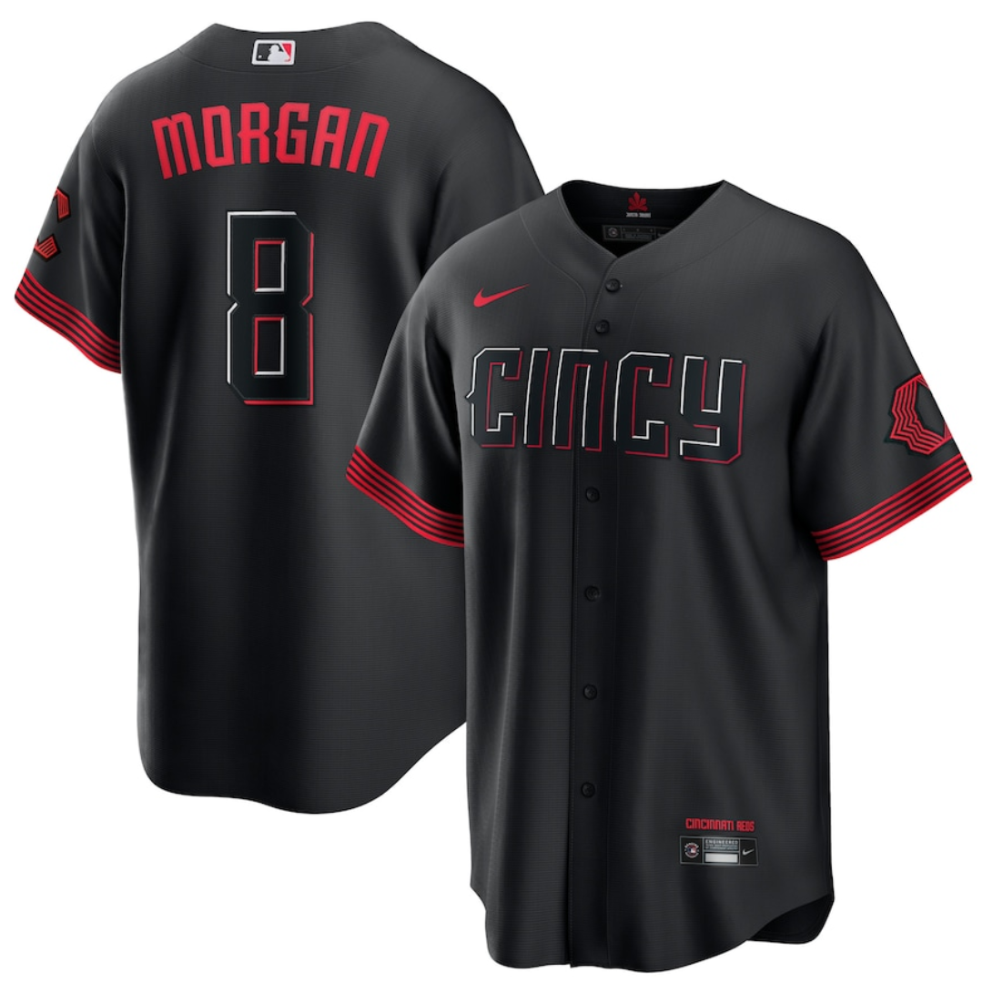 Men's Cincinnati Reds #8 Joe Morgan Black 2023 City Connect Stitched Jersey Men's Cincinnati Reds #8 Joe Morgan Black 2023 City Connect Stitched Jersey