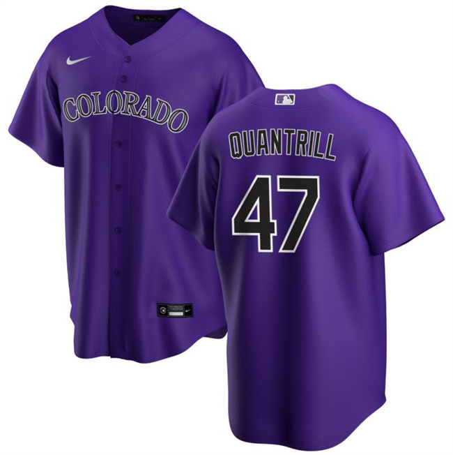 Men's Colorado Rockies #47 Cal Quantrill Purple Cool Base Stitched Baseball Jersey Men's Colorado Rockies #47 Cal Quantrill Purple Cool Base Stitched Baseball Jersey