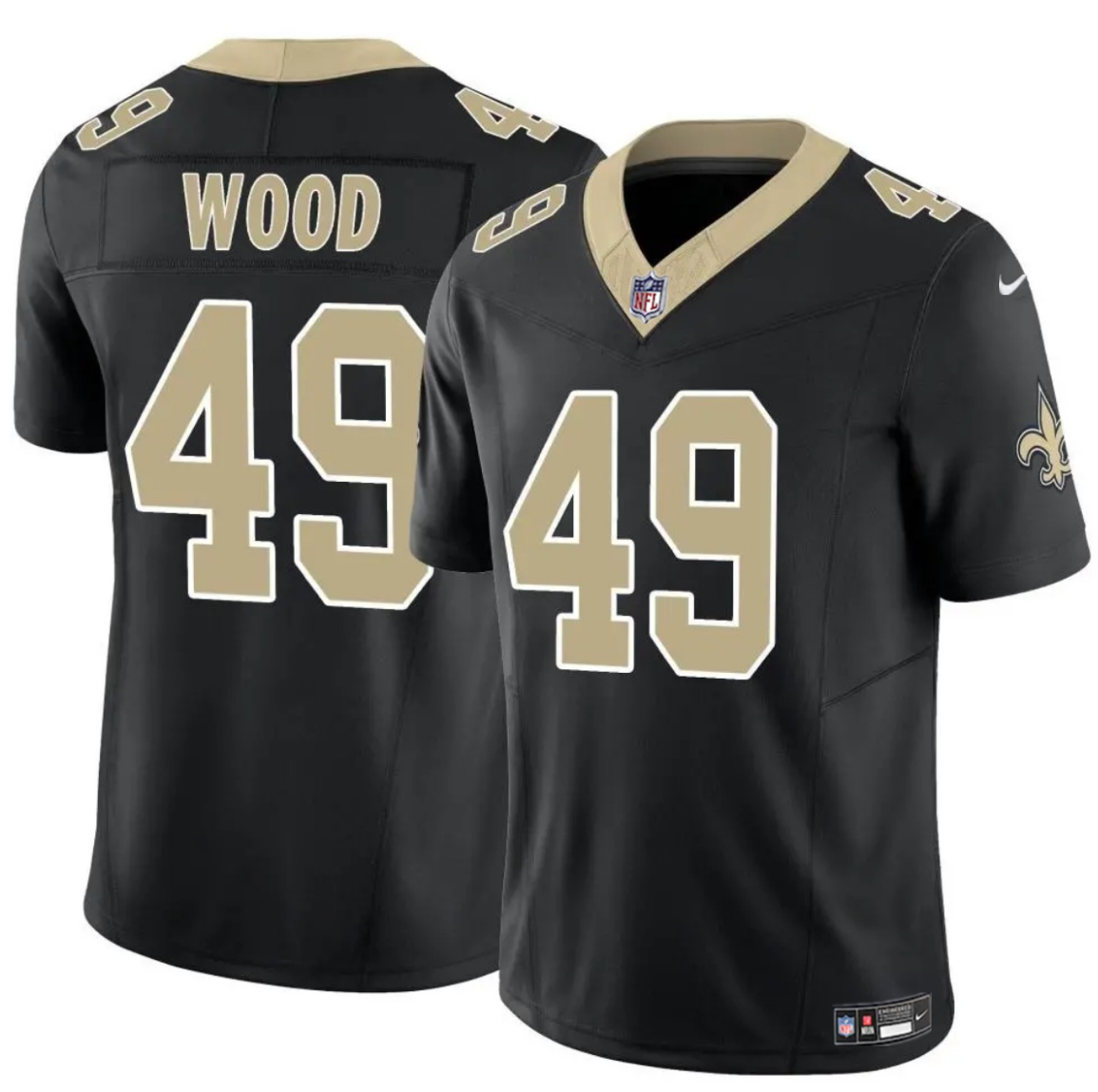 Men's New Orleans Saints #49 Zach Wood Black 2025 F.U.S.E Vapor Limited Stitched Football Jersey Men's New Orleans Saints #49 Zach Wood Black 2025 F.U.S.E Vapor Limited Stitched Football Jersey