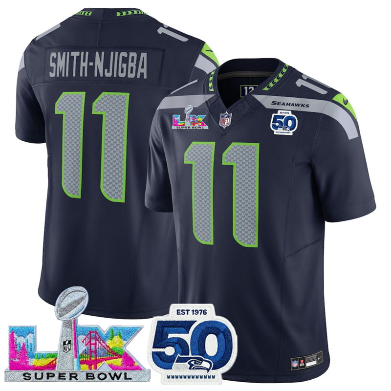 Men's Seattle Seahawks #11 Jaxon Smith-Njigba Navy 2025 F.U.S.E. Super Bowl LX Patch And 50th Season Patch Vapor Limited Stitched Football Jersey Men's Seattle Seahawks #11 Jaxon Smith-Njigba Navy 2025 F.U.S.E. Super Bowl LX Patch And 50th Season Patch Vapor Limited Stitched Football Jersey