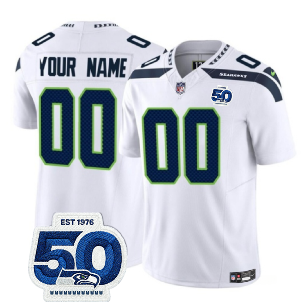 Men's Seattle Seahawks Active Player Custom White 2025 F.U.S.E. 50th Anniversary Patch Vapor Untouchable Limited Stitched Football Jersey Men's Seattle Seahawks Active Player Custom White 2025 F.U.S.E. 50th Anniversary Patch Vapor Untouchable Limited Stitched Football Jersey
