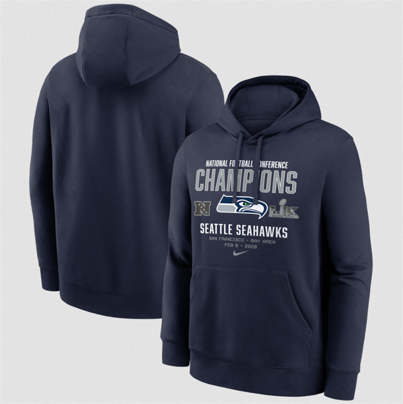 Men's Seattle Seahawks College Navy 2025 NFC Champions Team Nation Hoodie Men's Seattle Seahawks College Navy 2025 NFC Champions Team Nation Hoodie