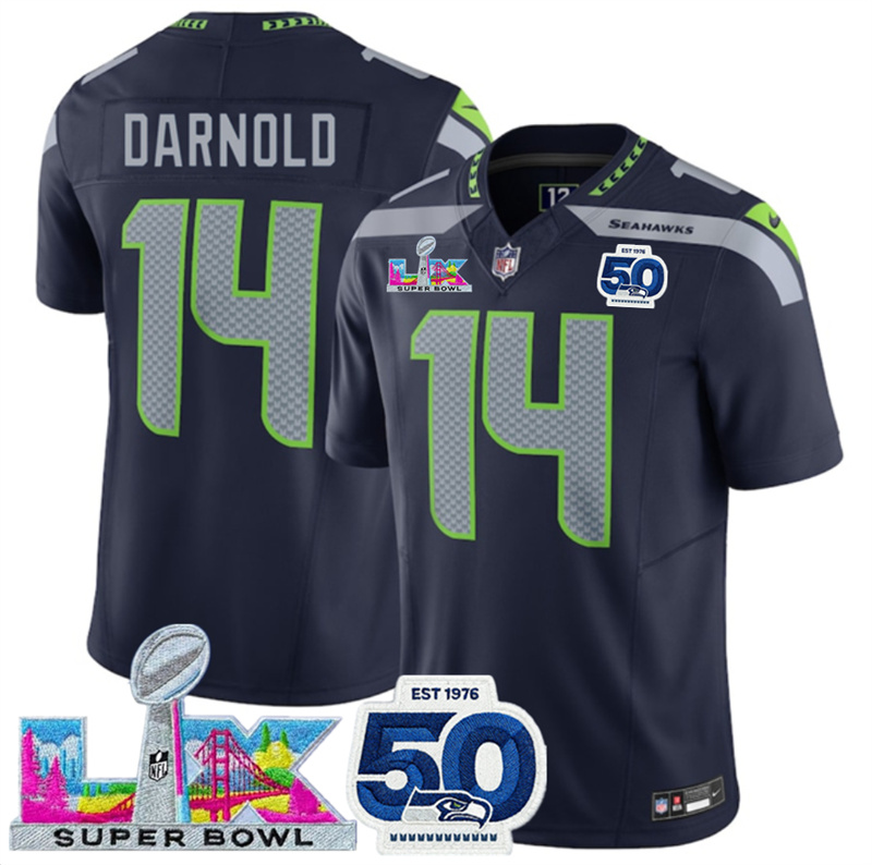 Men's Seattle Seahawks #14 Sam Darnold Navy 2025 F.U.S.E. Super Bowl LX Patch And 50th Season Patch Vapor Limited Stitched Football Jersey Men's Seattle Seahawks #14 Sam Darnold Navy 2025 F.U.S.E. Super Bowl LX Patch And 50th Season Patch Vapor Limited Stitched Football Jersey