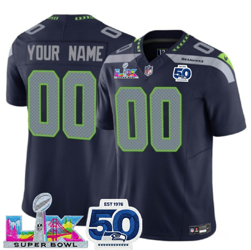 Men's Seattle Seahawks Active Player Custom Navy 2025 F.U.S.E. Super Bowl LX Patch And 50th Season Patch Vapor Limited Stitched Football Jerse Men's Seattle Seahawks Active Player Custom Navy 2025 F.U.S.E. Super Bowl LX Patch And 50th Season Patch Vapor Limited Stitched Football Jerse