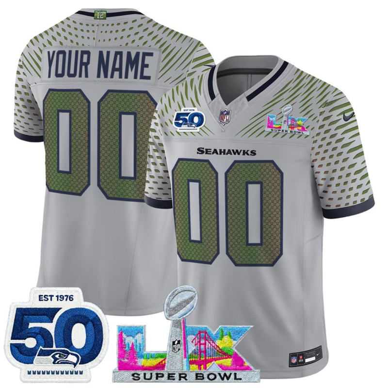 Men's Seattle Seahawks Active Player Custom Grey 2025 F.U.S.E. Super Bowl LX Patch And 50th Season Patch “Rivalries” Vapor Limited Stitched Football Jersey Men's Seattle Seahawks Active Player Custom Grey 2025 F.U.S.E. Super Bowl LX Patch And 50th Season Patch “Rivalries” Vapor Limited Stitched Football Jersey
