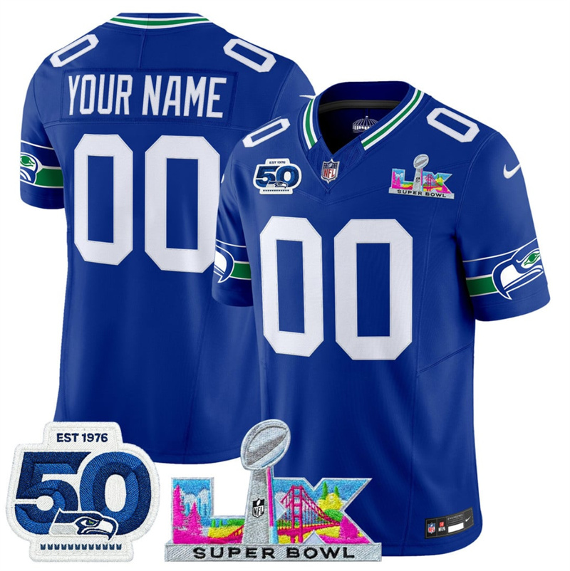 Men's Seattle Seahawks Active Player Custom Royal 2025 F.U.S.E. Super Bowl LX Patch And 50th Season Patch Vapor Throwback Limited Stitched Football Jersey Men's Seattle Seahawks Active Player Custom Royal 2025 F.U.S.E. Super Bowl LX Patch And 50th Season Patch Vapor Throwback Limited Stitched Football Jersey