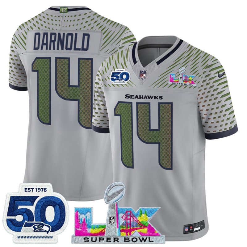 Men's Seattle Seahawks #14 Sam Darnold Grey 2025 F.U.S.E. Super Bowl LX Patch And 50th Season Patch “Rivalries” Vapor Limited Stitched Football Jersey Men's Seattle Seahawks #14 Sam Darnold Grey 2025 F.U.S.E. Super Bowl LX Patch And 50th Season Patch “Rivalries” Vapor Limited Stitched Football Jersey