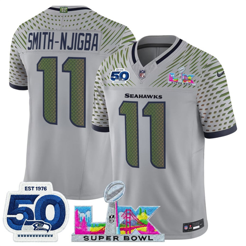 Men's Seattle Seahawks #11 Jaxon Smith-Njigba Grey 2025 F.U.S.E. Super Bowl LX Patch And 50th Season Patch “Rivalries” Vapor Limited Stitched Football Jersey Men's Seattle Seahawks #11 Jaxon Smith-Njigba Grey 2025 F.U.S.E. Super Bowl LX Patch And 50th Season Patch “Rivalries” Vapor Limited Stitched Football Jersey