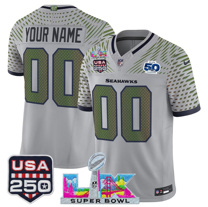 Men's Seattle Seahawks Active Player Custom Gray 2025 F.U.S.E. Super Bowl LX & US 250th anniversary Patch And 50th Season Patch “Rivalries” Vapor Limited Football Stitched Jersey Men's Seattle Seahawks Active Player Custom Gray 2025 F.U.S.E. Super Bowl LX & US 250th anniversary Patch And 50th Season Patch “Rivalries” Vapor Limited Football Stitched Jersey