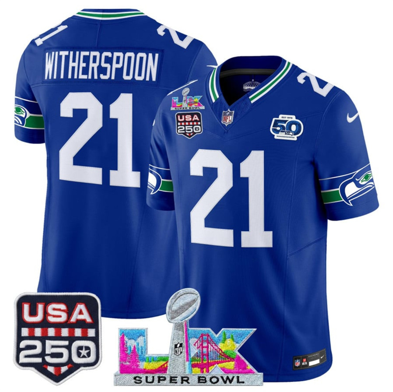 Men's Seattle Seahawks #21 Devon Witherspoon Royal 2025 F.U.S.E. Super Bowl LX Patch And 50th Season & USA 250' Patch Vapor Throwback Limited Stitched Football Jersey Men's Seattle Seahawks #21 Devon Witherspoon Royal 2025 F.U.S.E. Super Bowl LX Patch And 50th Season & USA 250' Patch Vapor Throwback Limited Stitched Football Jersey