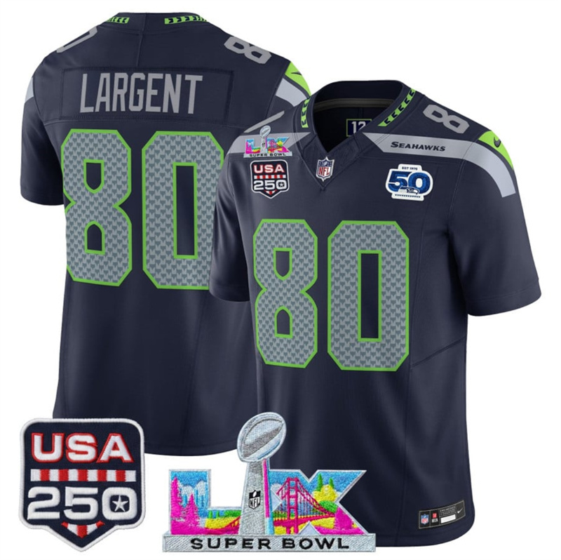 Men's Seattle Seahawks #80 Steve Largent Navy 2025 F.U.S.E. Super Bowl LX Patch And 50th Season & USA 250' Patch Vapor Limited Football Stitched Jersey Men's Seattle Seahawks #80 Steve Largent Navy 2025 F.U.S.E. Super Bowl LX Patch And 50th Season & USA 250' Patch Vapor Limited Football Stitched Jersey