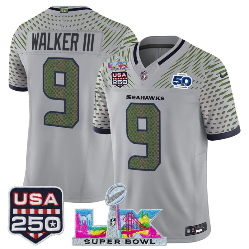 Men's Seattle Seahawks #9 Kenneth Walker III Gray 2025 F.U.S.E. Super Bowl LX & US 250th anniversary Patch And 50th Season Patch “Rivalries” Vapor Limited Football Stitched Jersey Men's Seattle Seahawks #9 Kenneth Walker III Gray 2025 F.U.S.E. Super Bowl LX & US 250th anniversary Patch And 50th Season Patch “Rivalries” Vapor Limited Football Stitched Jersey