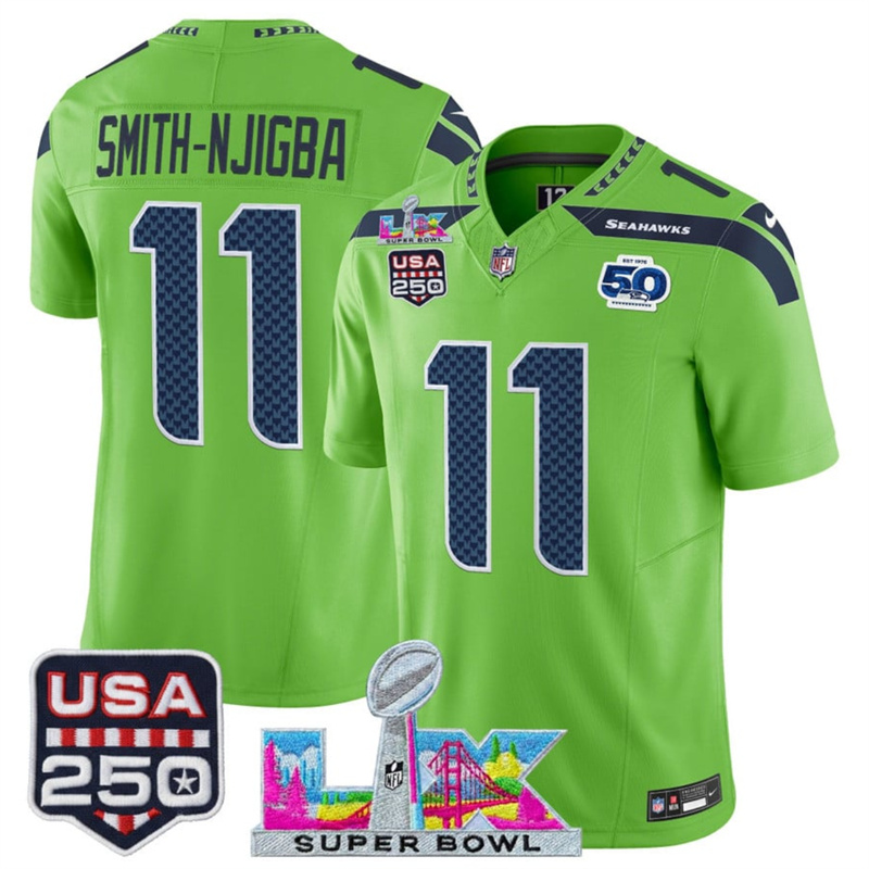 Men's Seattle Seahawks #11 Jaxon Smith-Njigba Green 2025 F.U.S.E. Super Bowl LX Patch And 50th Season & USA 250' Patch Vapor Limited Football Stitched Jerseyched Football Jersey Men's Seattle Seahawks #11 Jaxon Smith-Njigba Green 2025 F.U.S.E. Super Bowl LX Patch And 50th Season & USA 250' Patch Vapor Limited Football Stitched Jerseyched Football Jersey