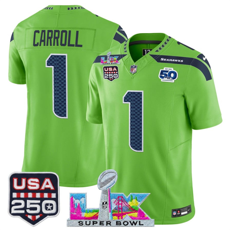 Men's Seattle Seahawks #1 Pete Carroll Green 2025 F.U.S.E. Super Bowl LX Patch And 50th Season & USA 250' Patch Vapor Limited Football Stitched Jersey Men's Seattle Seahawks #1 Pete Carroll Green 2025 F.U.S.E. Super Bowl LX Patch And 50th Season & USA 250' Patch Vapor Limited Football Stitched Jersey